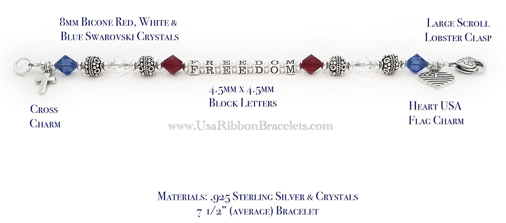 Handmade sterling silver Freedom bracelet with red, white, and blue Swarovski crystals, cross charm, and USA heart flag charm.