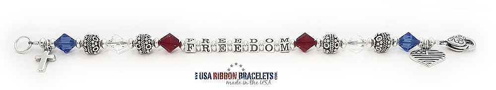 Sterling Silver Freedom Bracelet with Swarovski Crystals Patriotic Christian bracelet with Swarovski crystals and sterling silver Freedom letter beads.