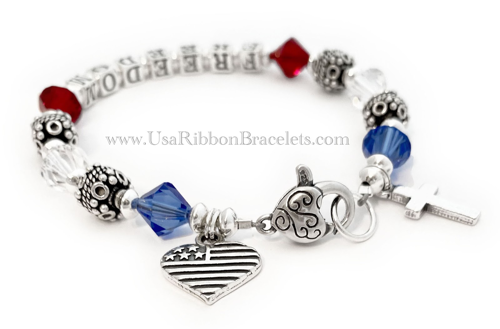Patriotic Christian bracelet with Swarovski crystals and sterling silver Freedom letter beads.